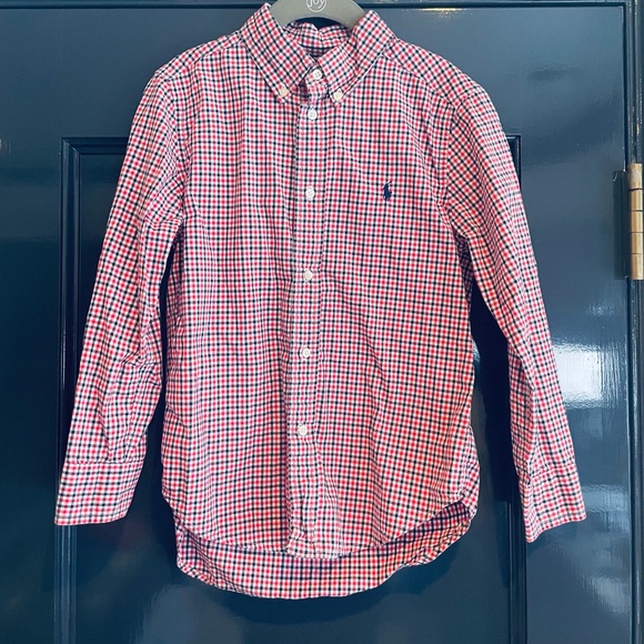 NWT Polo Ralph Lauren Boys Logo Cotton Check Buttondown Shirt Blue Red Sz 6 - Picture 1 of 5